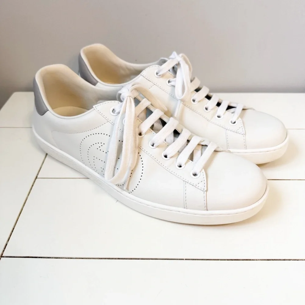 Men's Gucci New Ace Perforated Logo Sneaker White Grey Size US 9.5
